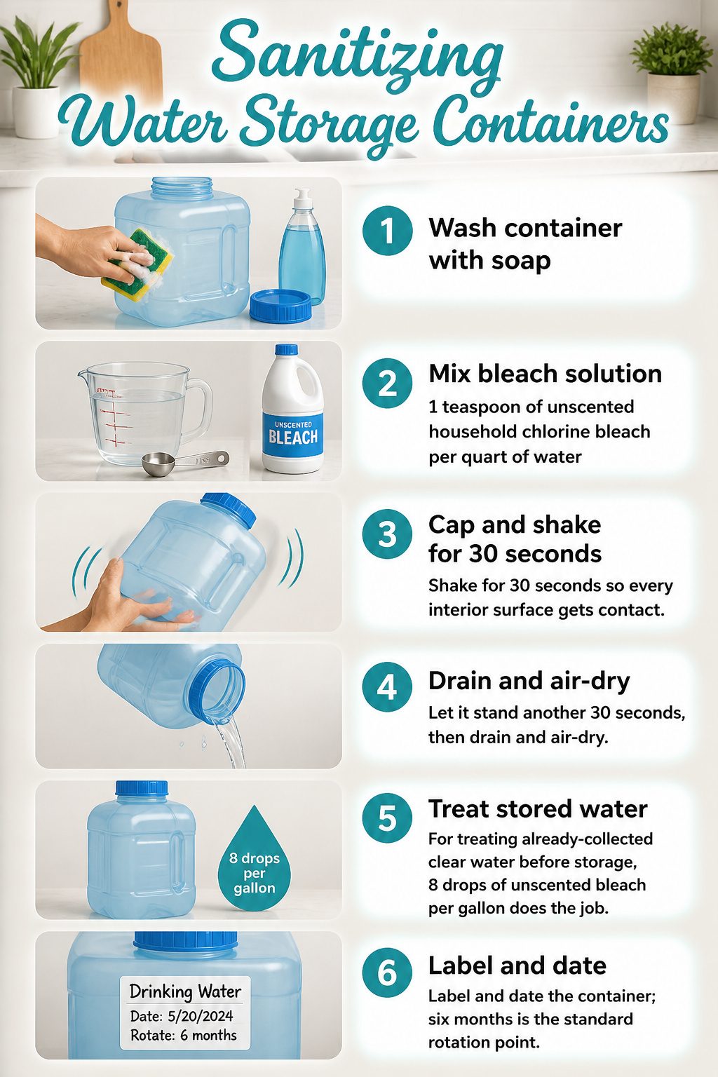 A step-by-step guide for sanitizing water containers.