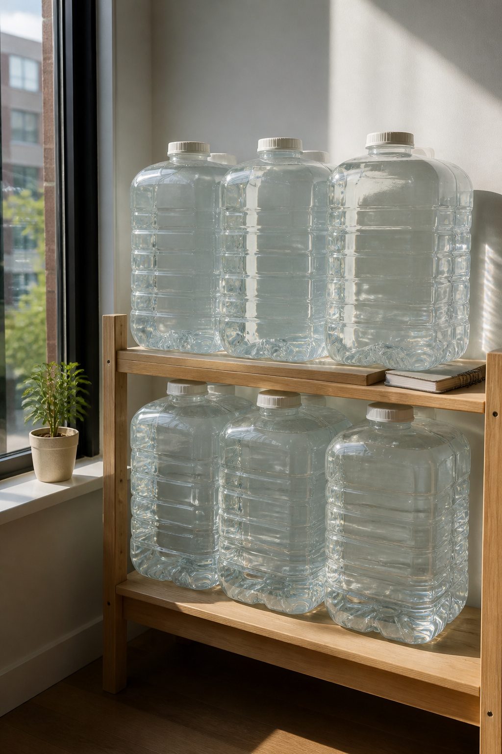 Several stackable water containers in a compact arrangement.