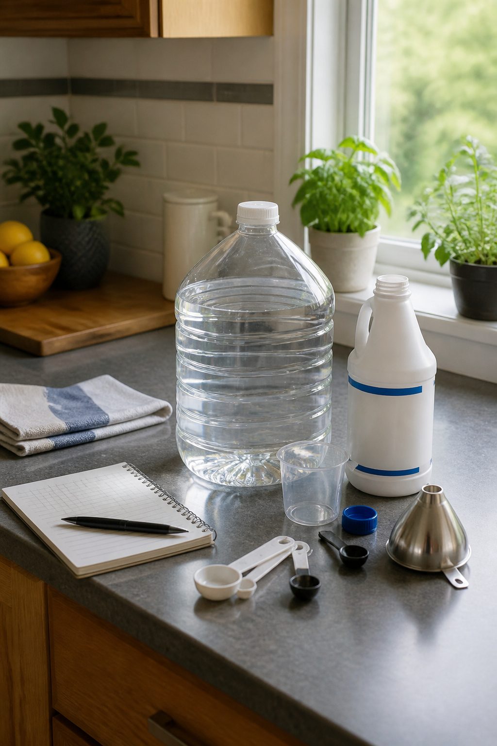 A treatment station with water storage essentials on a countertop.