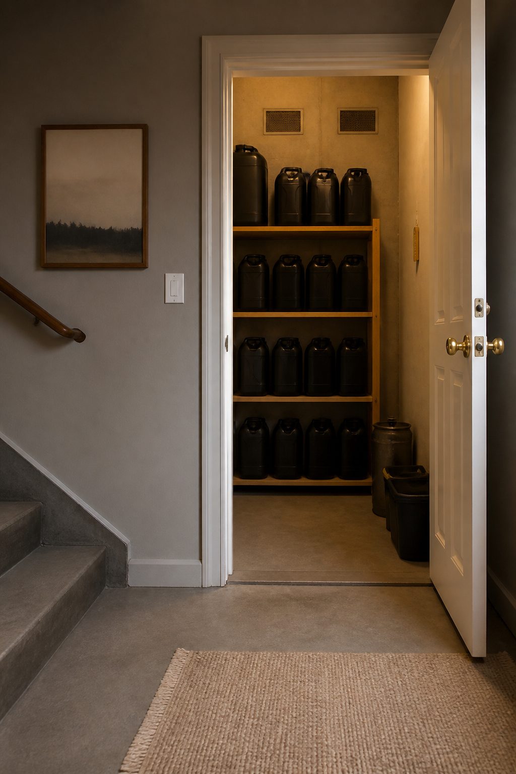 A storage area showing water containers in a controlled environment.
