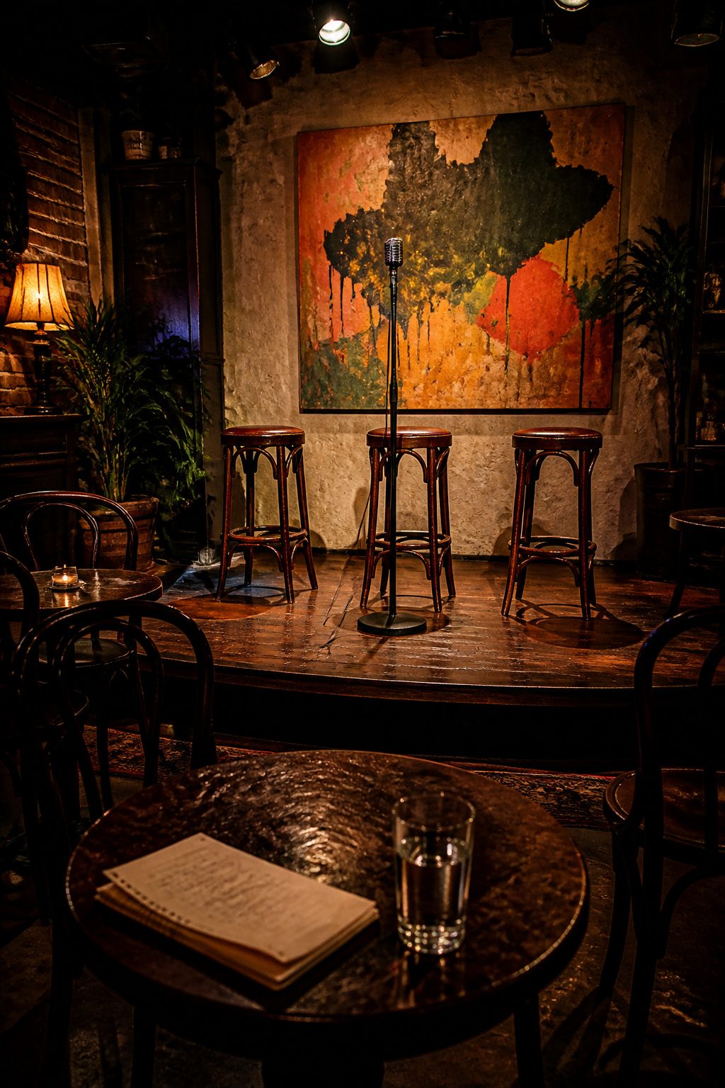 The Rule of Threes: A Plain Guide to the Pattern Behind Persuasion 7 A comedy club stage featuring a vintage microphone and barstools.