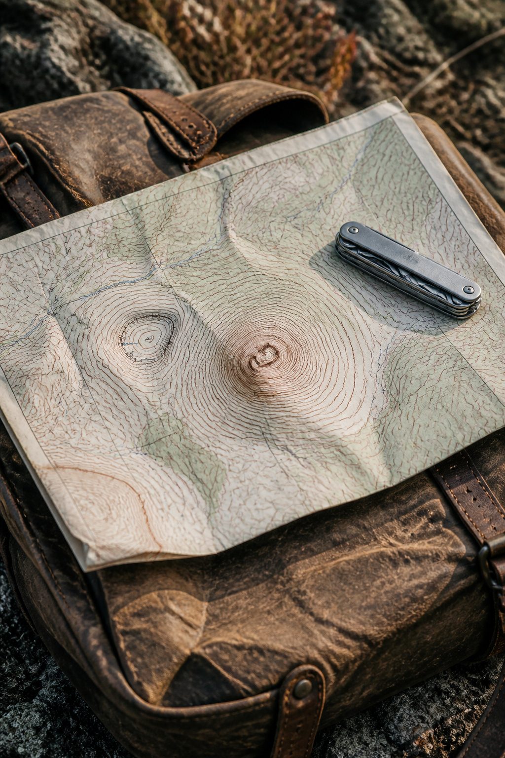 Topographic Map Contour Lines: How to Read Terrain in 2026 6 Topographic map featuring closed contours on a weathered leather backpack.