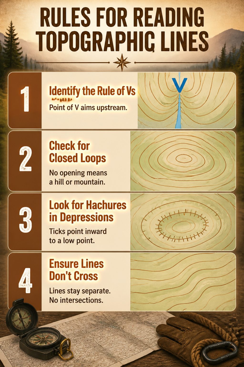 Topographic Map Contour Lines: How to Read Terrain in 2026 4 Information image titled 'Rules for Reading Topographic Lines' for survival.