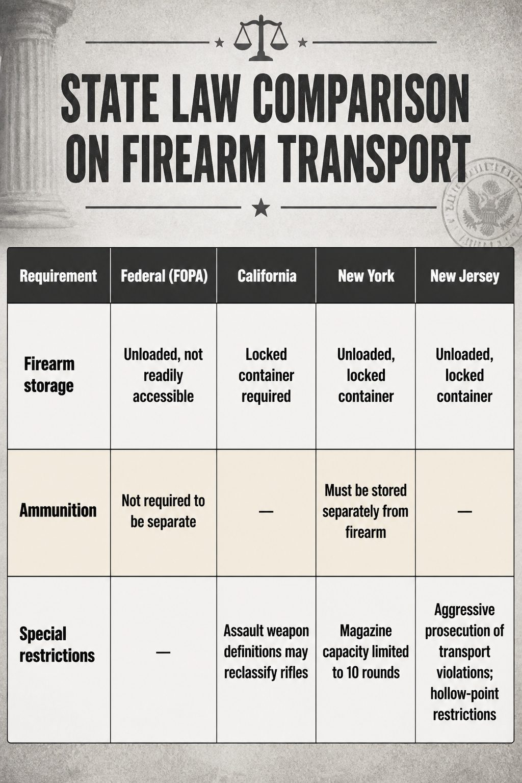Transporting Firearms Across State Lines: A Legal Guide 8 A comparison table of state firearm transport laws.