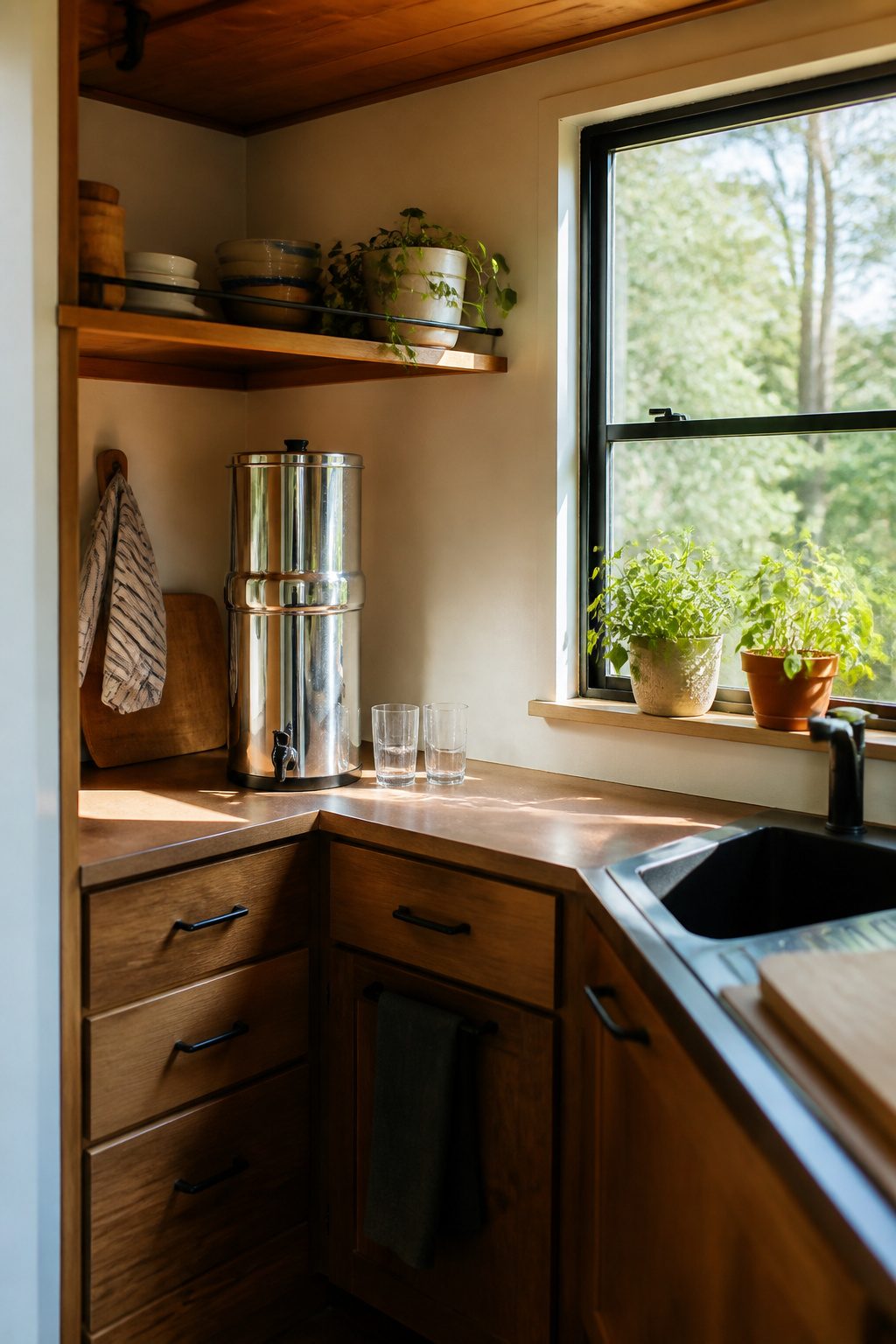 Travel Berkey Water Filter positioned beside a kitchen microwave.