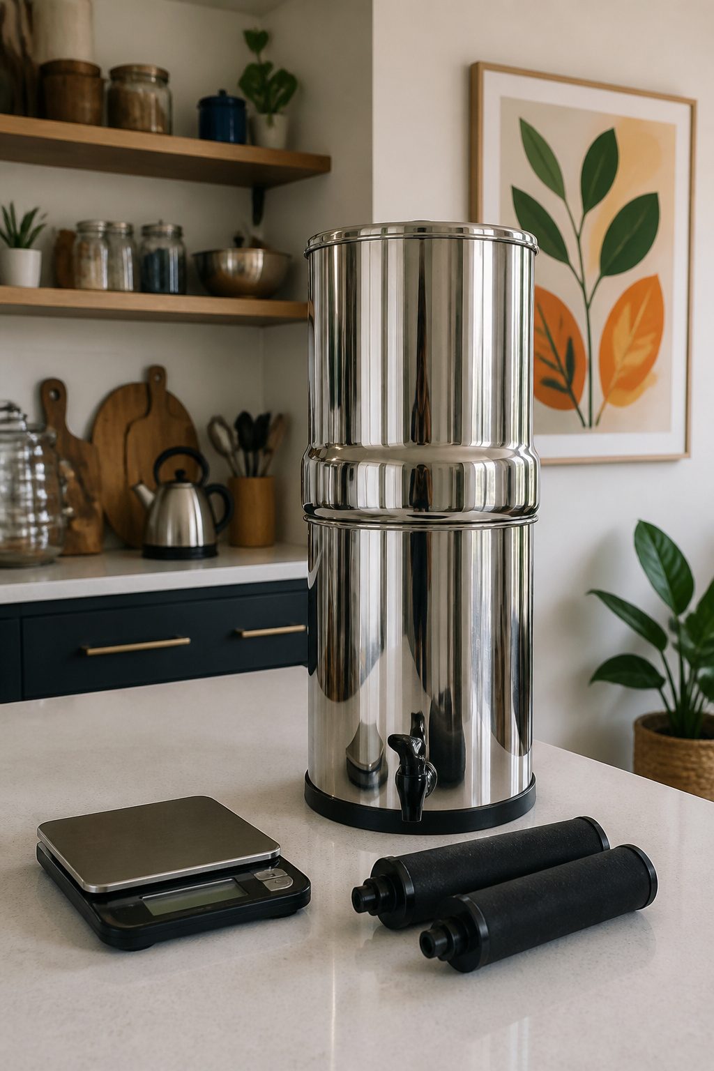 Travel Berkey Water Filter displayed on a kitchen countertop with a scale.