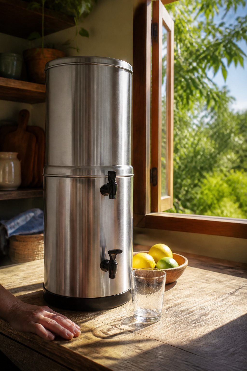 Travel Berkey Water Filter on a wooden table with water in the upper chamber.