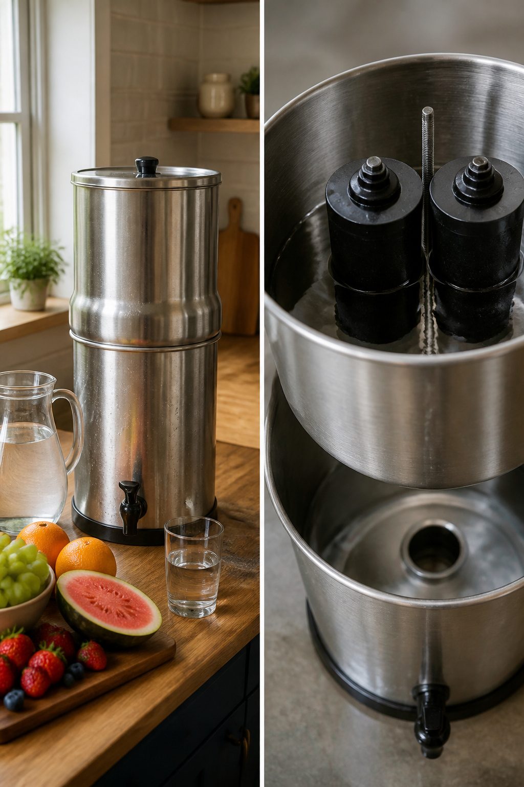 Travel Berkey Water Filter showing the upper chamber filled with water.