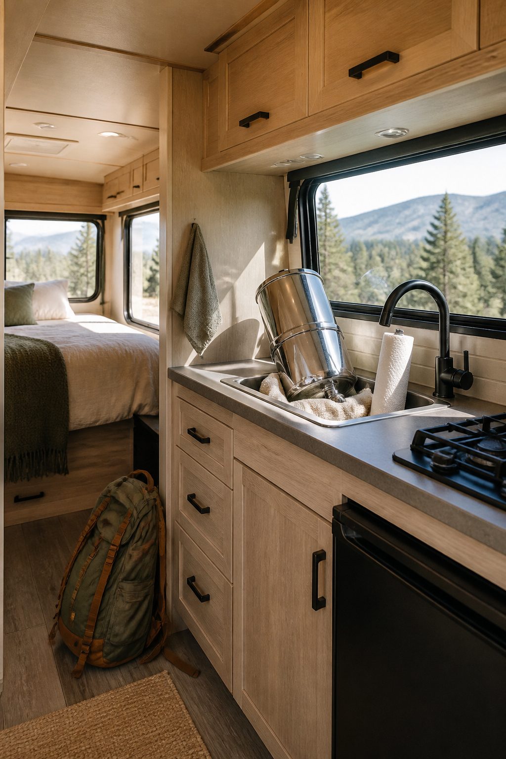 Travel Berkey Water Filter secured on a countertop in an RV.