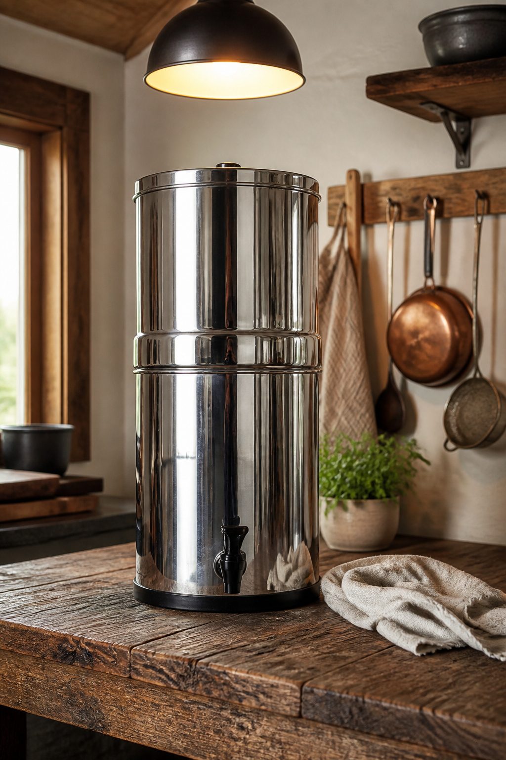 Travel Berkey Water Filter on a rustic countertop with visible wear.