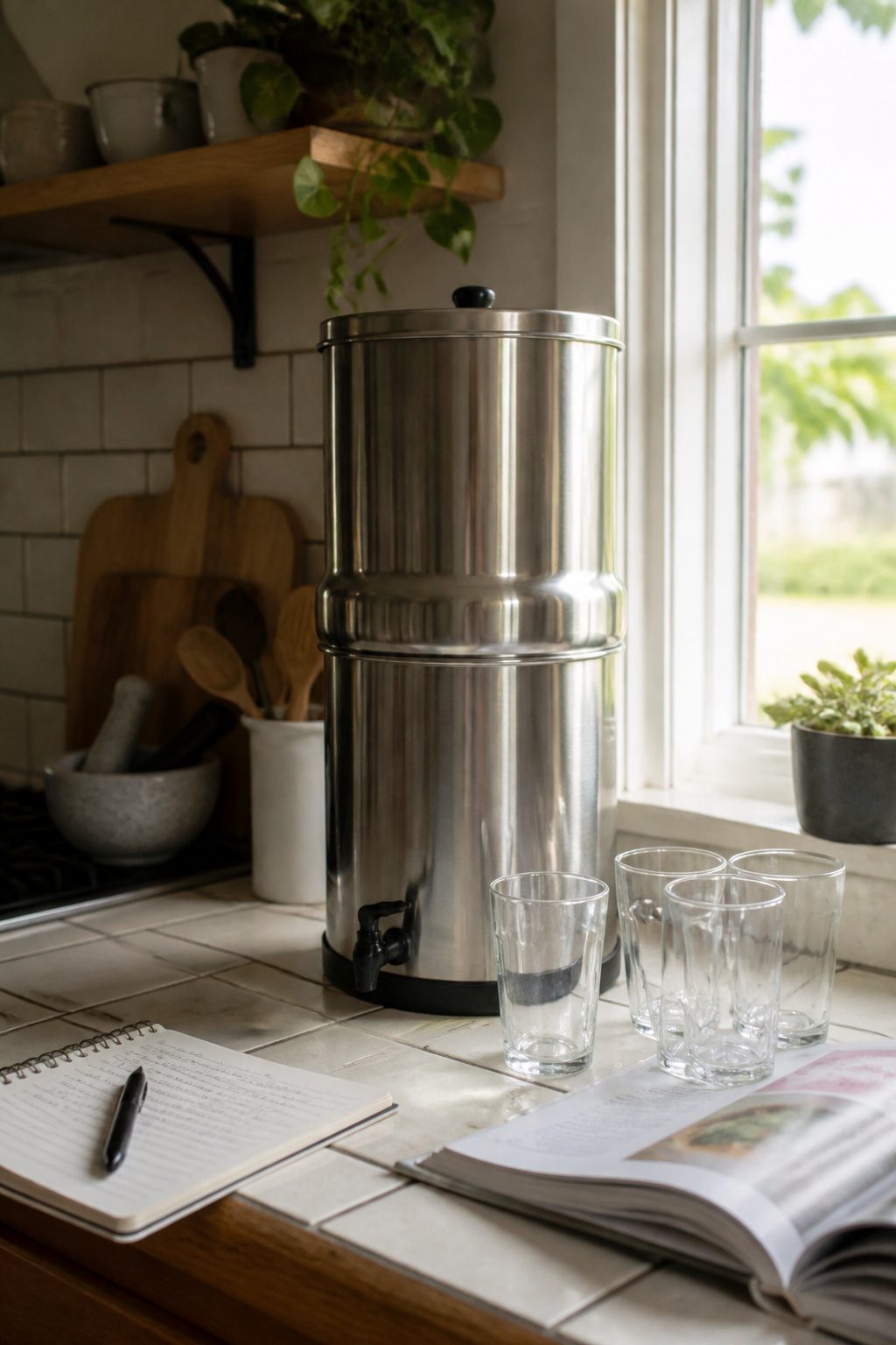 Travel Berkey Water Filter in a kitchen with empty glasses nearby.