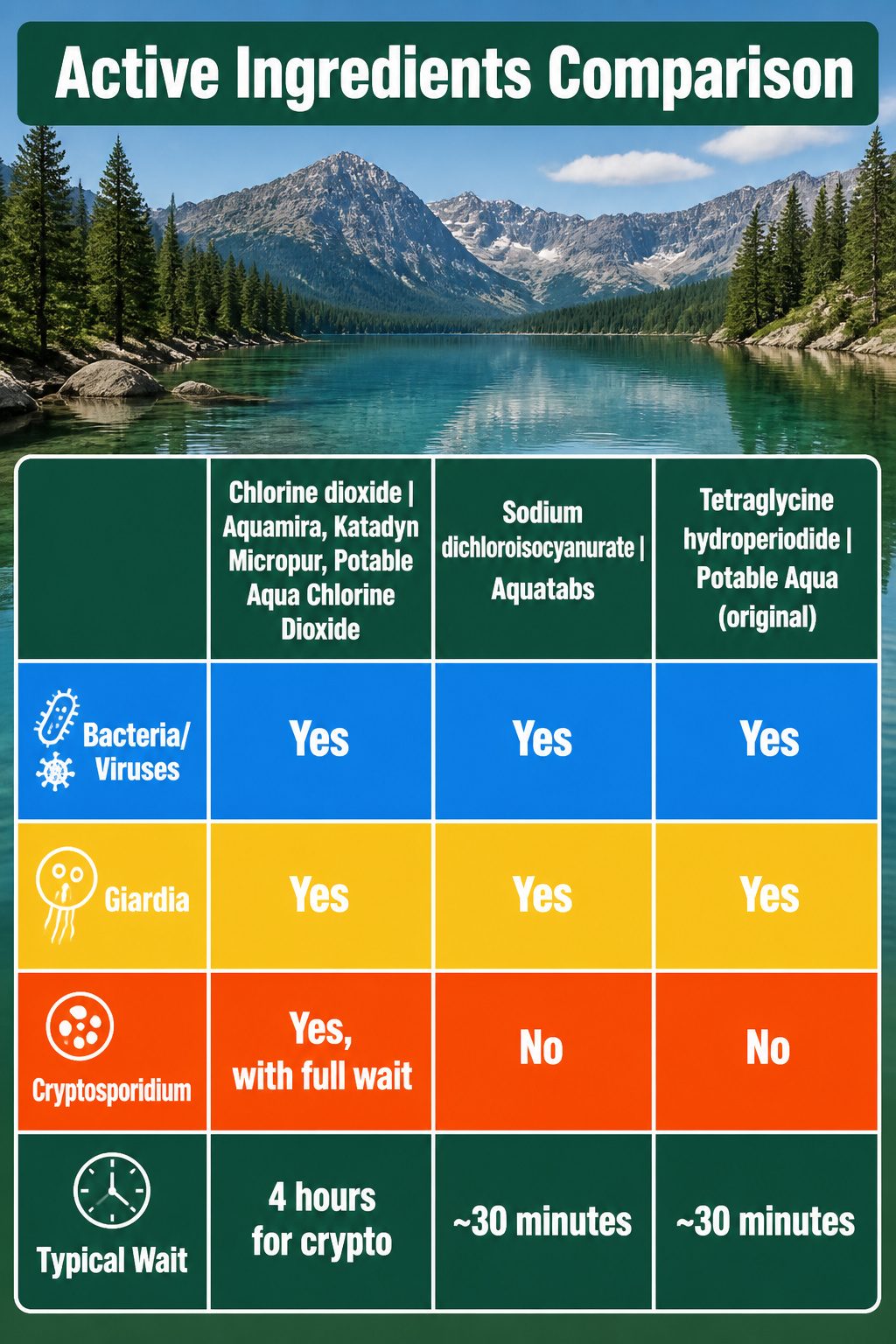 A chart comparing active ingredients in water purification tablets.