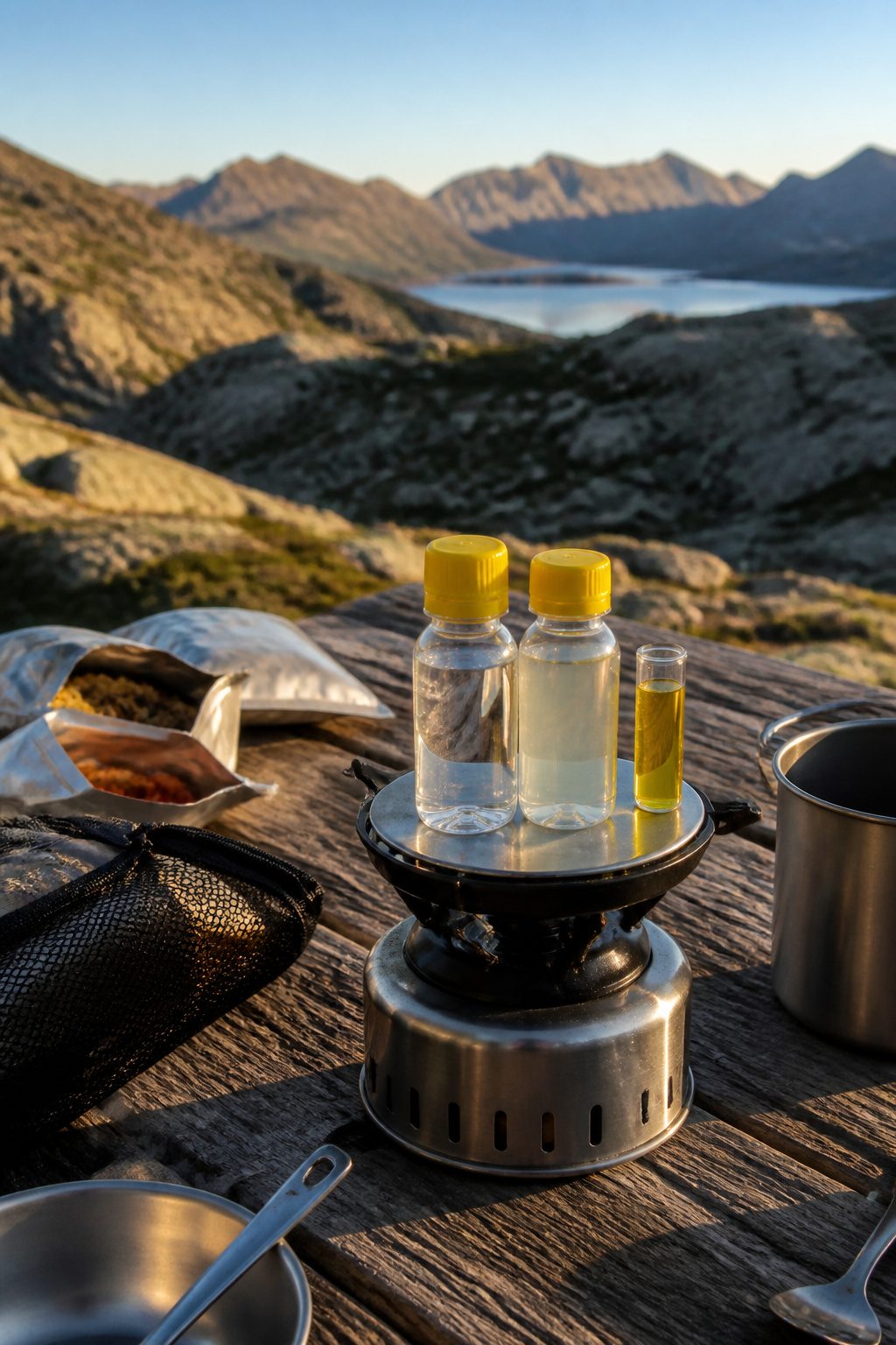 Two small bottles labeled Part A and Part B on a camp stove.