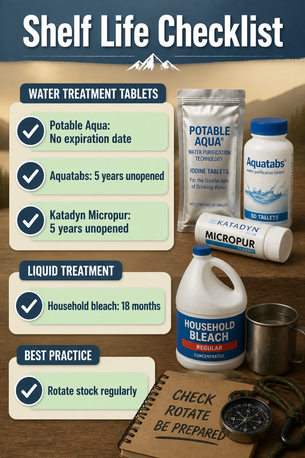 An image showing various water purification tablet shelf lives.