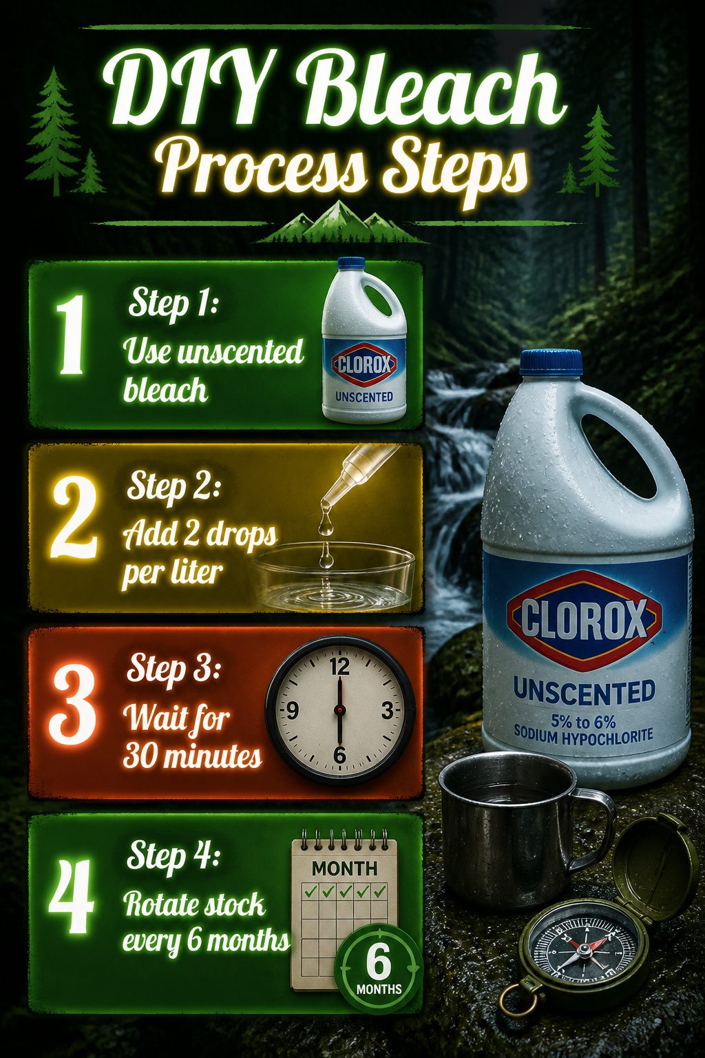 Steps for using household bleach for water purification.