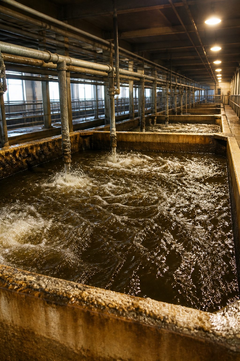A biological treatment chamber with large aeration tanks and bubbling wastewater.