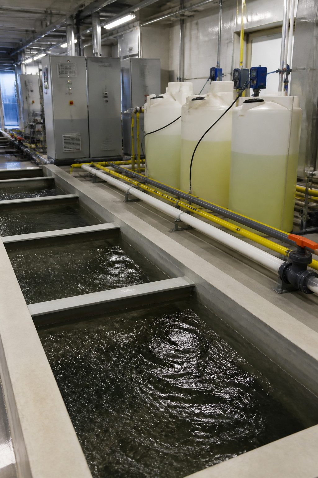 Chemical treatment area with chlorine containers and contact basins.