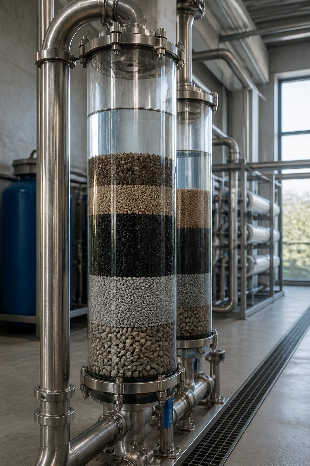 A filtration system with visible layers of sand, gravel, and activated carbon.