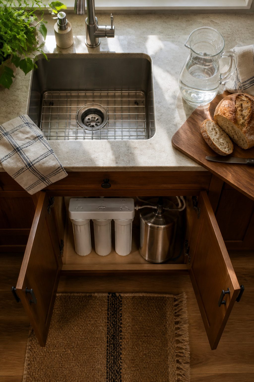 Point-of-use filters at a faucet and pitcher for treating drinking water.