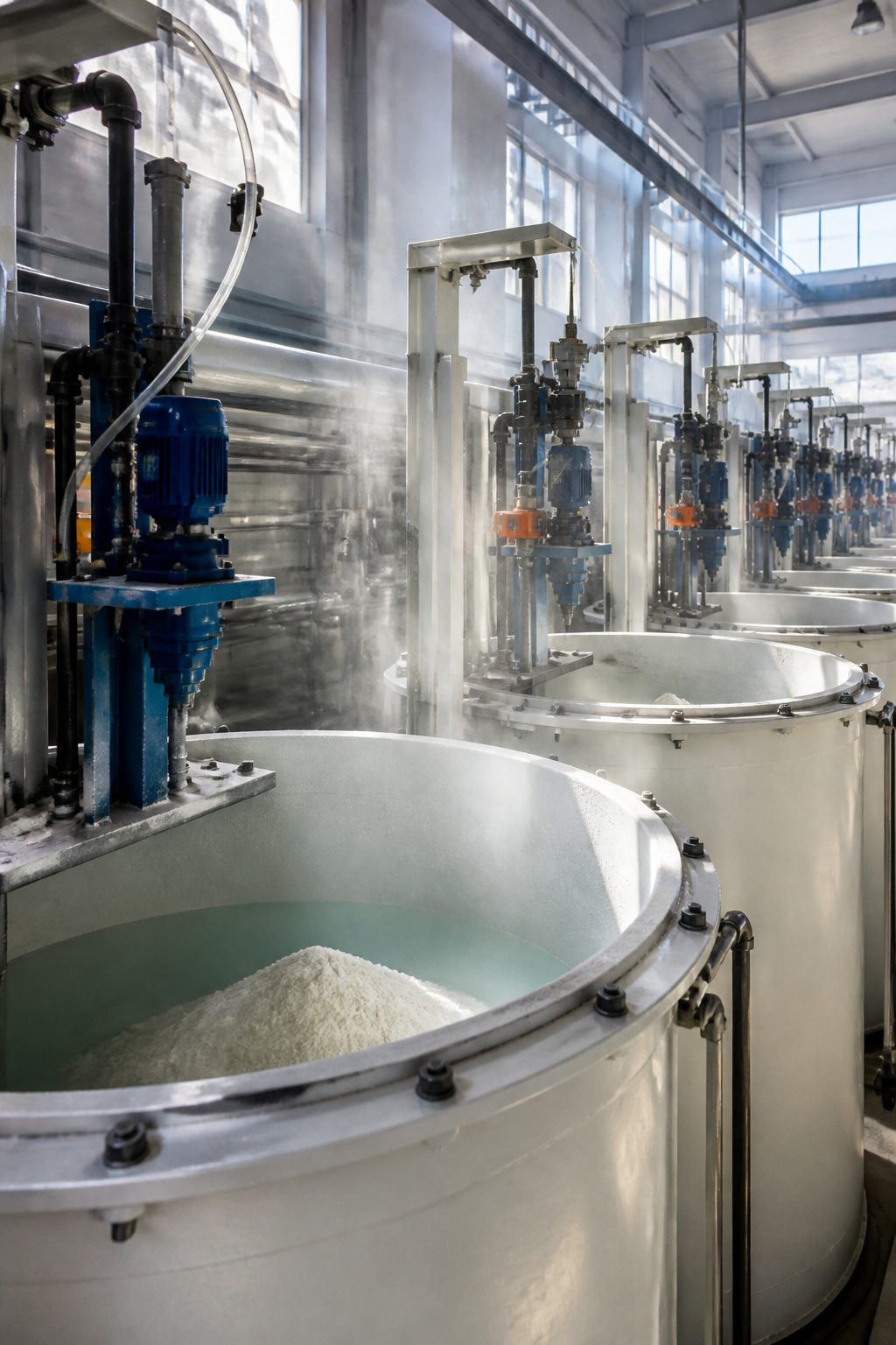 Tanks and monitors in a pH adjustment area of a water treatment facility.