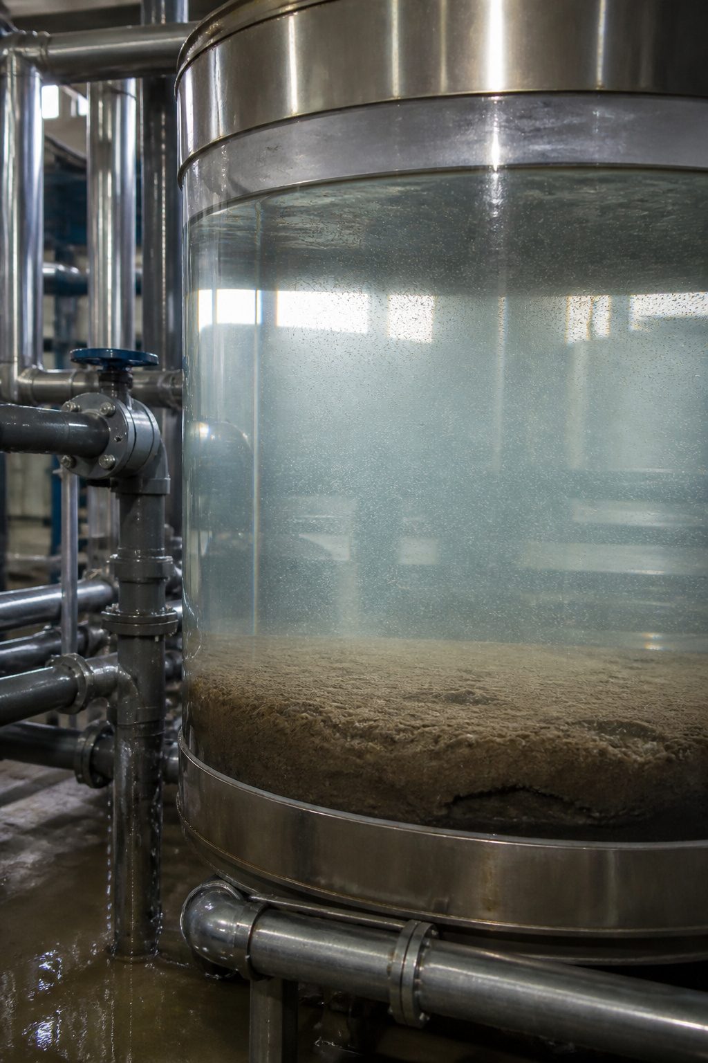 A close-up of a sedimentation tank with clear water above brown sludge.