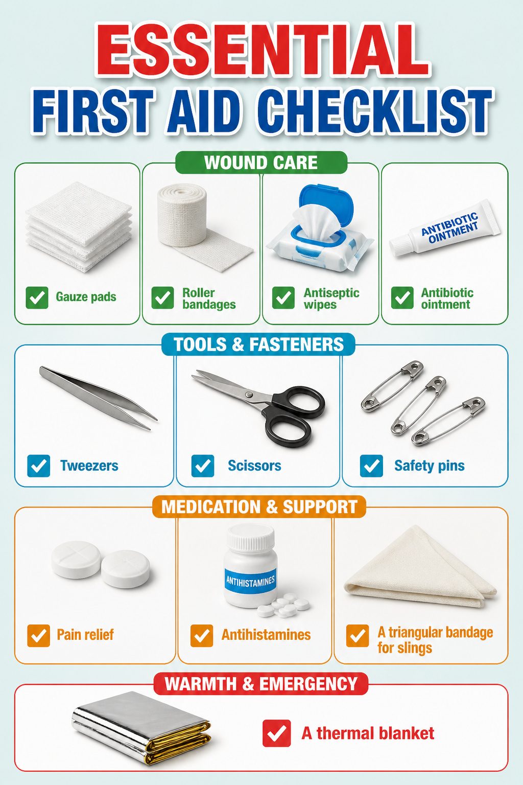 10 Survival Skills Everyone Should Know for Any Emergency 5 A checklist of essential first aid items.