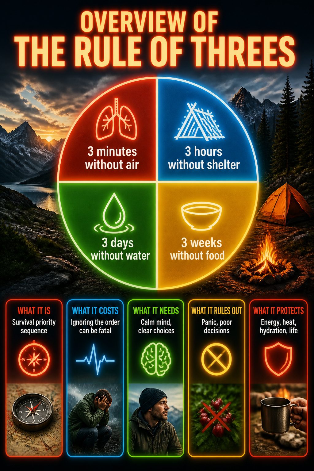10 Survival Skills Everyone Should Know for Any Emergency 12 An infographic summarizing the Rule of Threes.