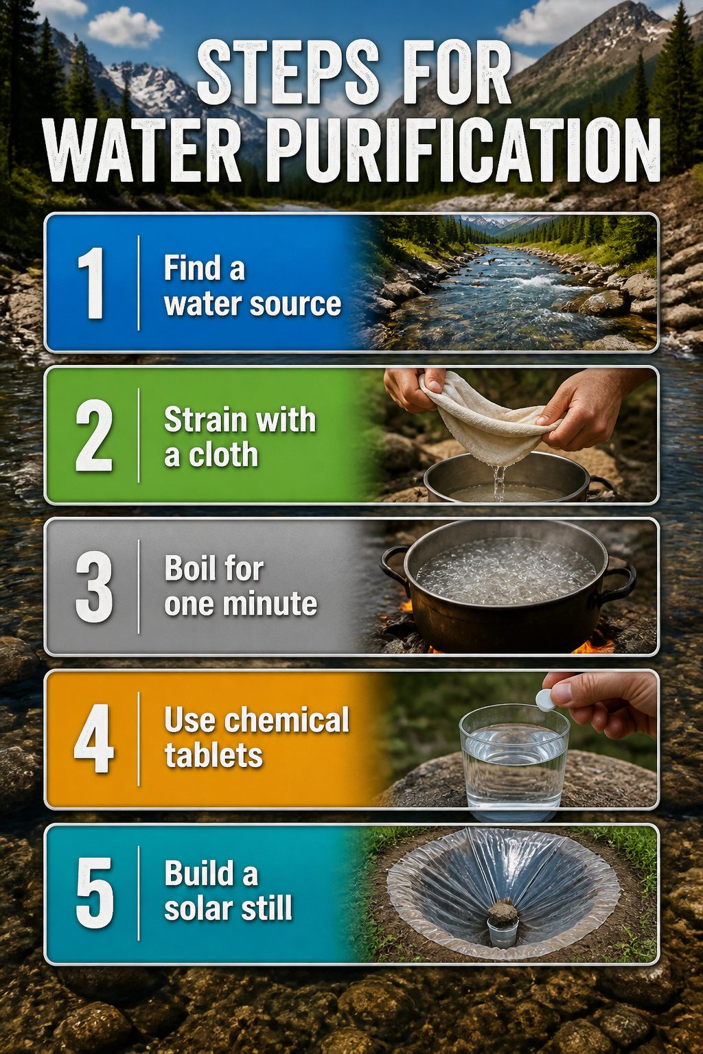 10 Survival Skills Everyone Should Know for Any Emergency 3 An infographic showing steps for water purification.