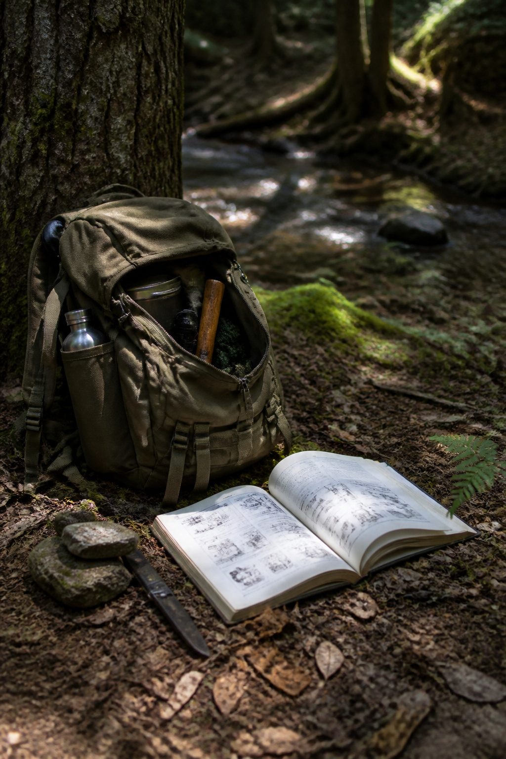 10 Survival Skills Everyone Should Know for Any Emergency 11 A backpack and survival tools positioned against a tree.