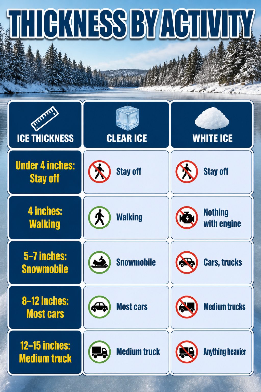 An information image showing ice thickness compared to supported activities.