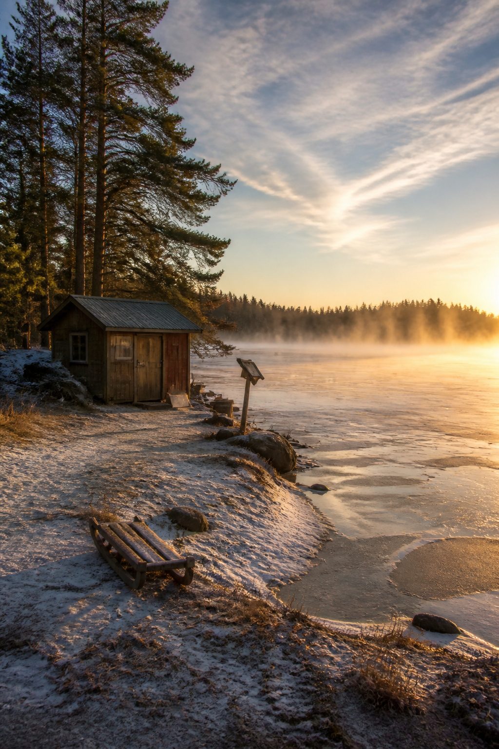 A bait shop providing local ice thickness information on a frozen lake.